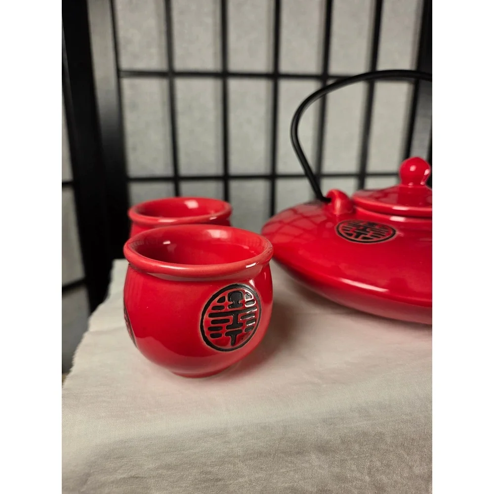 Red Double Happiness Ceramic Tea Set Teapot and 4 Cups Chinese Wedding Decor